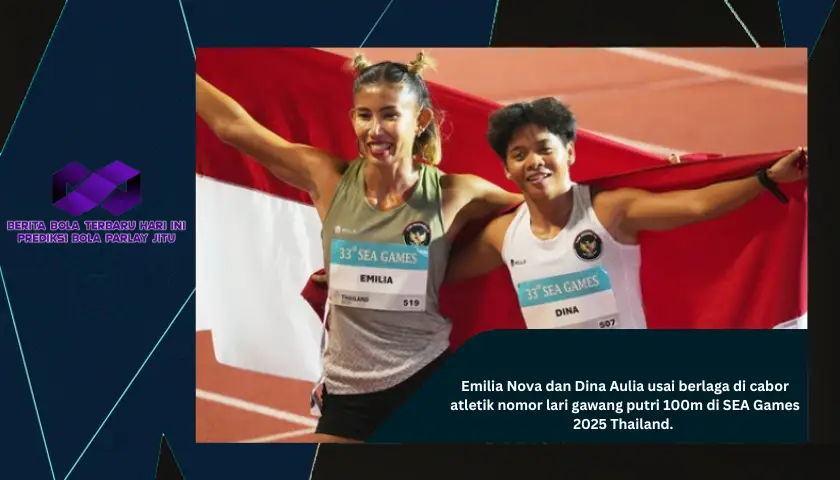 Emilia Nova dan Dina Aulia usai berlaga di cabor atletik nomor lari gawang putri 100m di SEA Games 2025 Thailand.